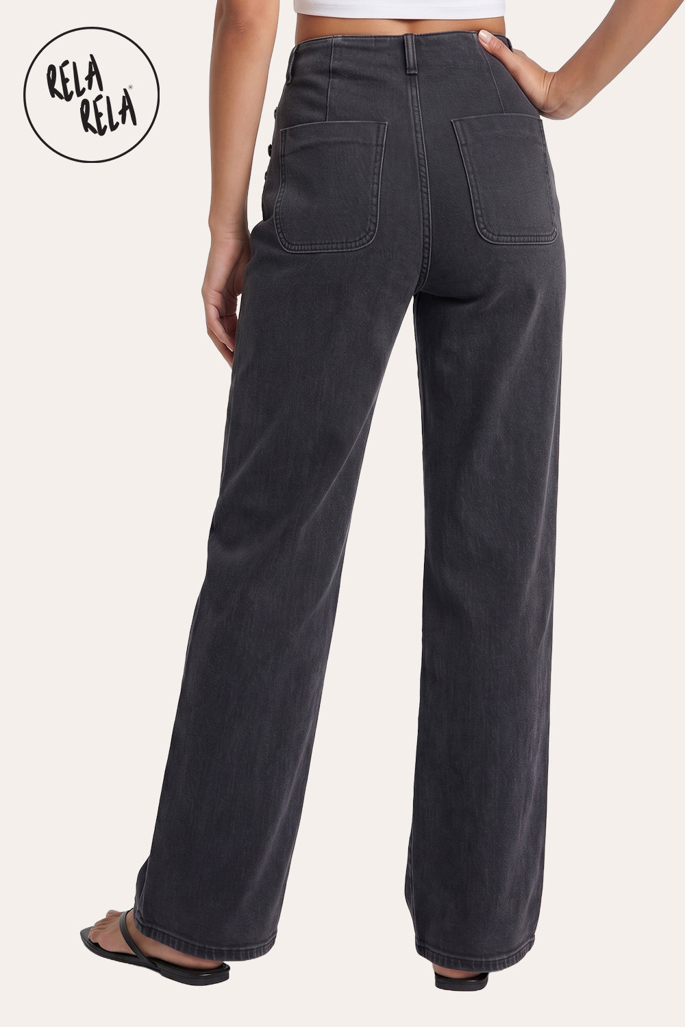 Tall Girl Friendly Button Detail Wide Leg Jeans in Charcoal