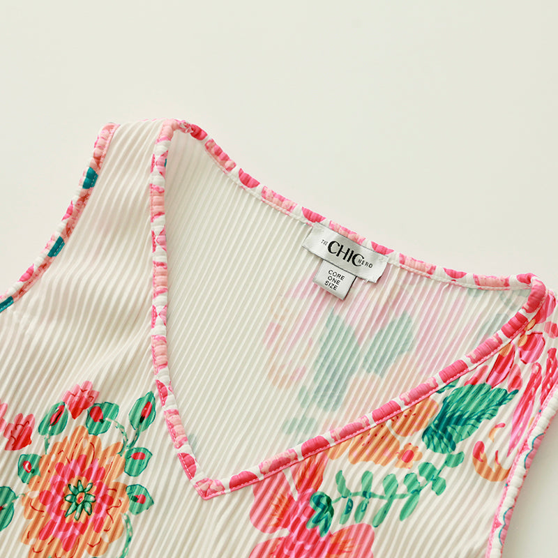 Colorful Floral Patterns V-Neck Vest Top & Pleated Pants