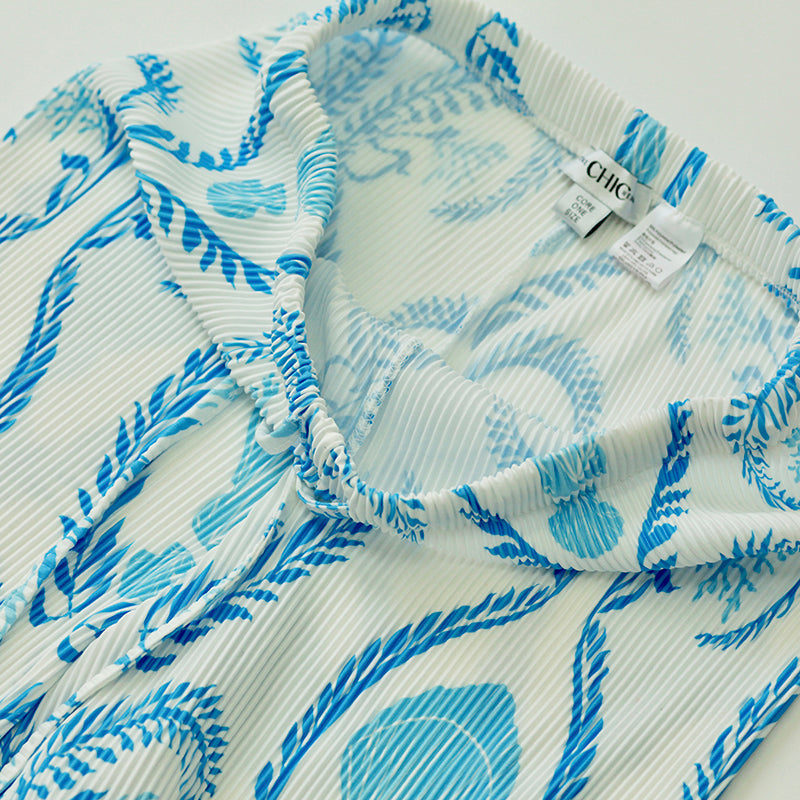 Blue Shell Motifs Prints Nautical V-Neck Vest Top & Pleated Pants