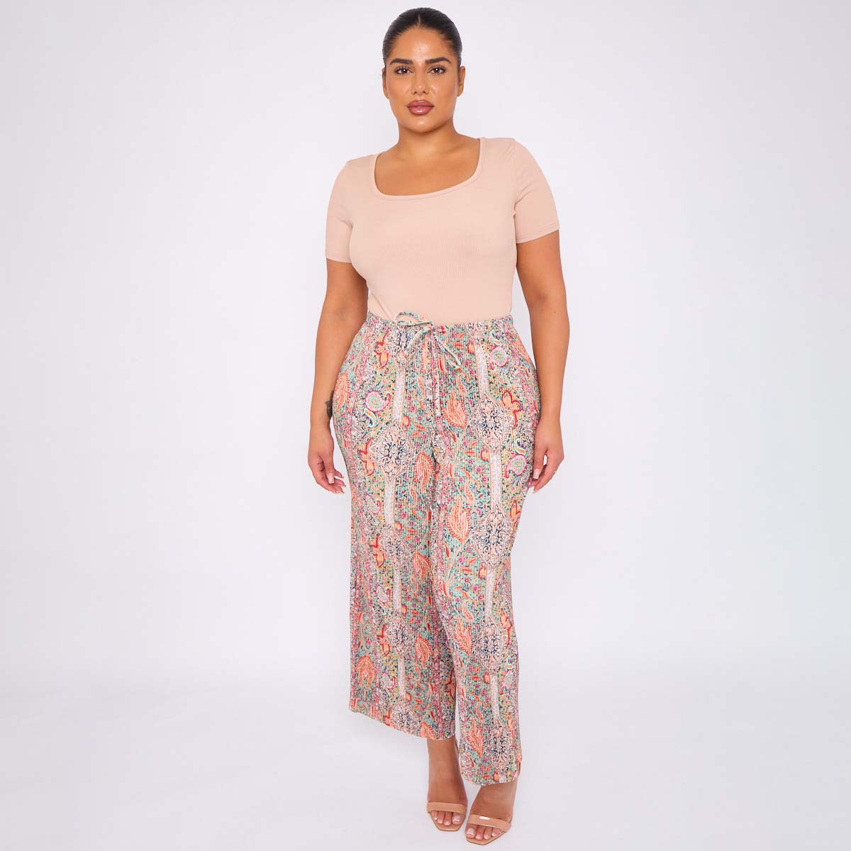 Multicolor Paisley Print Abstract Print Wide-Leg Drawstring Palazzo Pleated Pants
