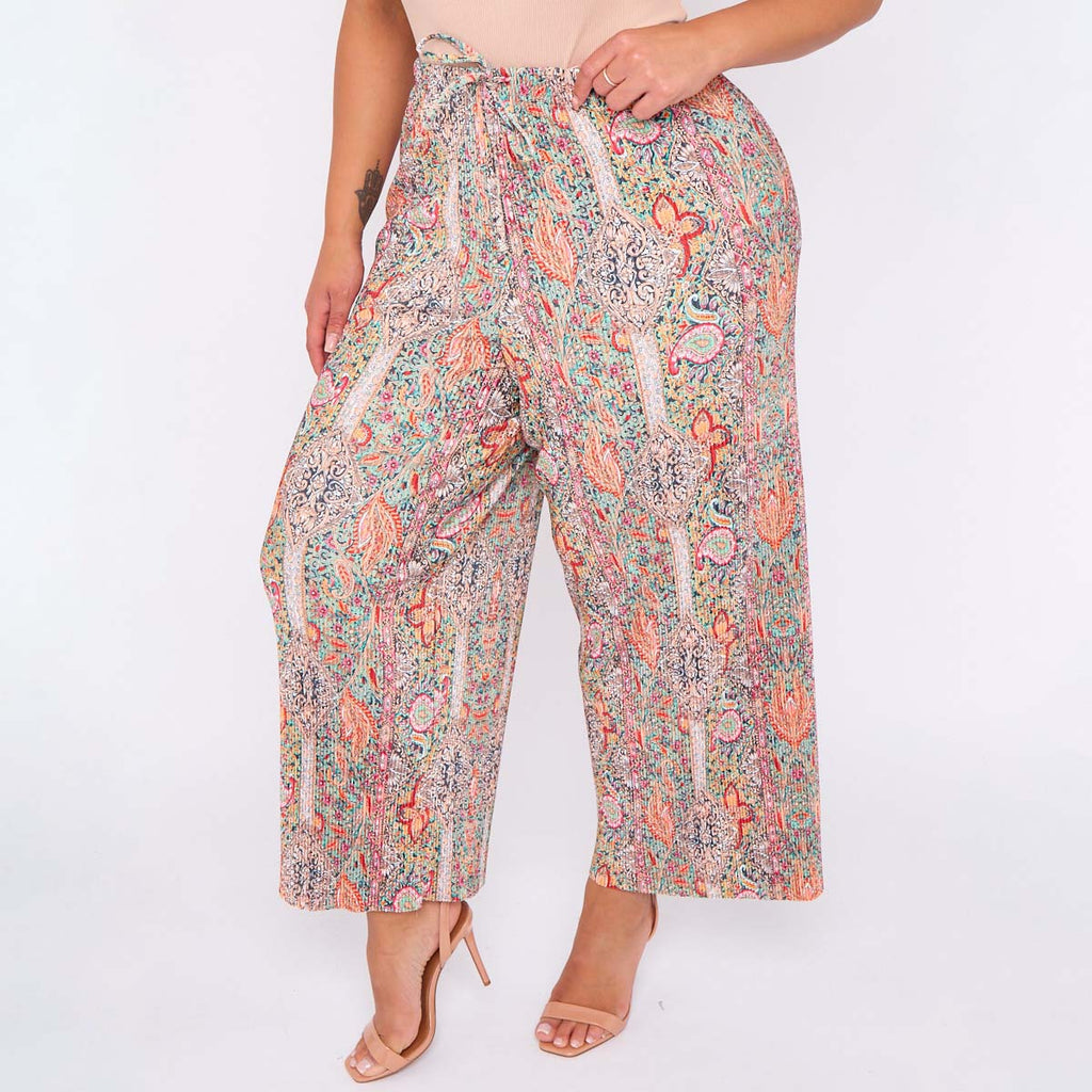 Multicolor Paisley Print Abstract Print Wide-Leg Drawstring Palazzo Pleated Pants
