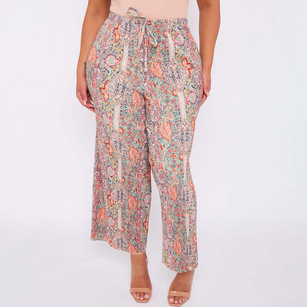 Multicolor Paisley Print Abstract Print Wide-Leg Drawstring Palazzo Pleated Pants