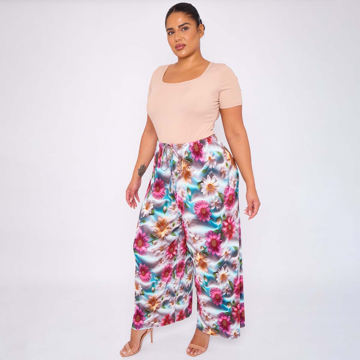 Vibrant Floral Print Abstract Wide-Leg Drawstring Palazzo Pleated Pants