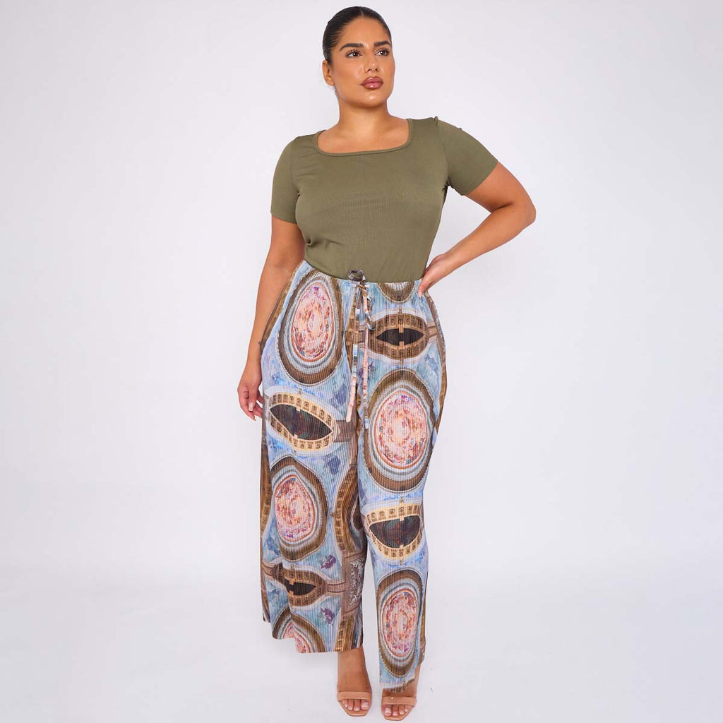 Vintage Abstract Print Wide-Leg Drawstring Palazzo Pleated Pants