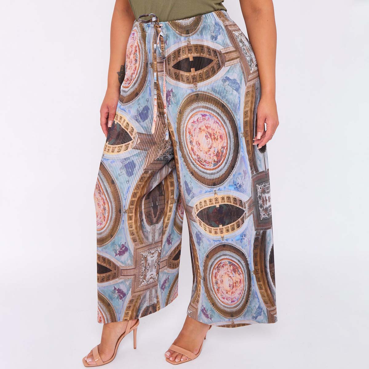 Vintage Abstract Print Wide-Leg Drawstring Palazzo Pleated Pants