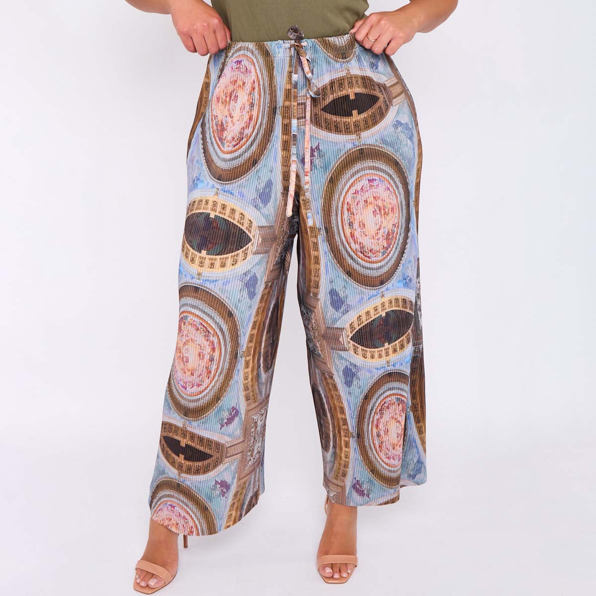 Vintage Abstract Print Wide-Leg Drawstring Palazzo Pleated Pants