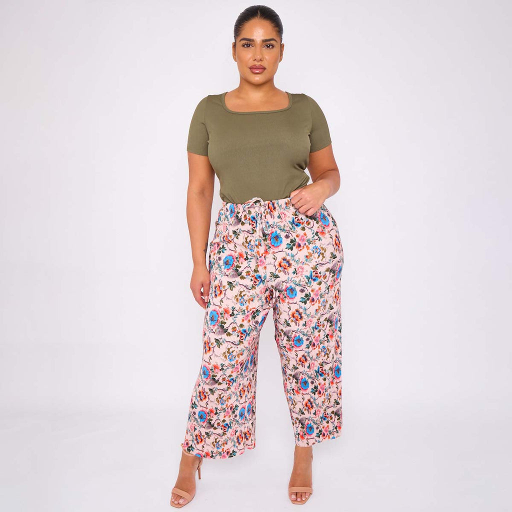Colorful Florals Abstract Print Wide-Leg Drawstring Palazzo Pleated Pants