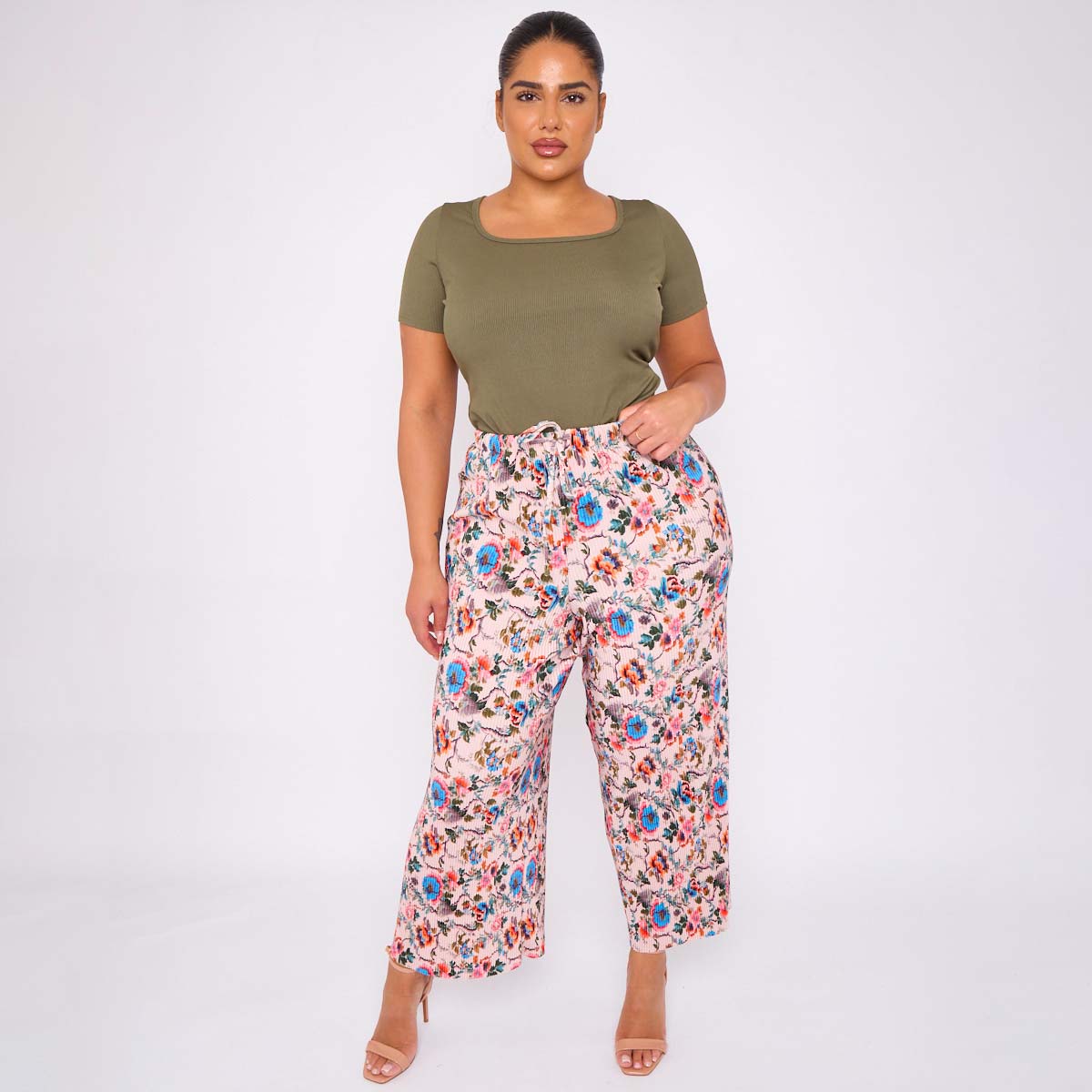 Colorful Florals Abstract Print Wide-Leg Drawstring Palazzo Pleated Pants