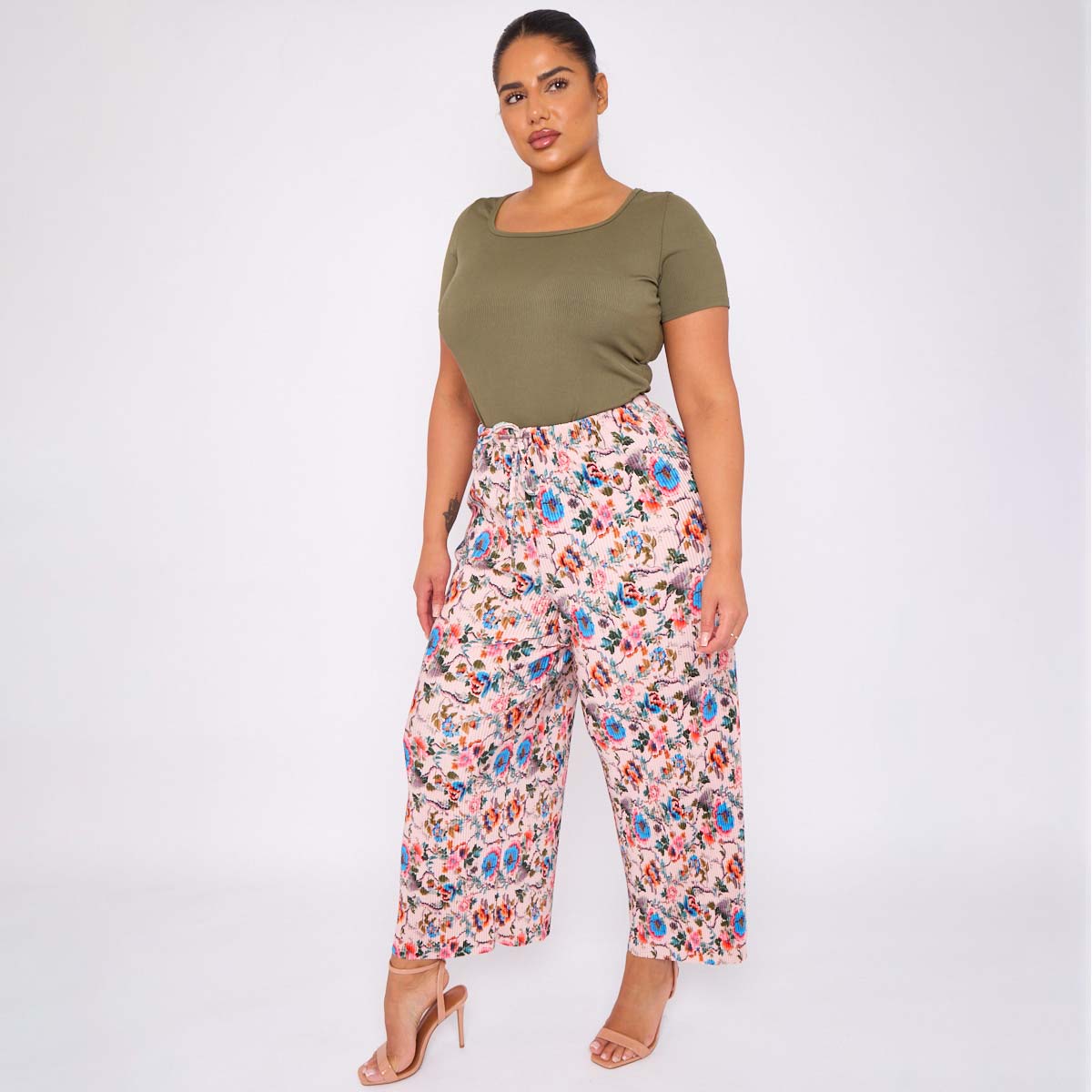 Colorful Florals Abstract Print Wide-Leg Drawstring Palazzo Pleated Pants