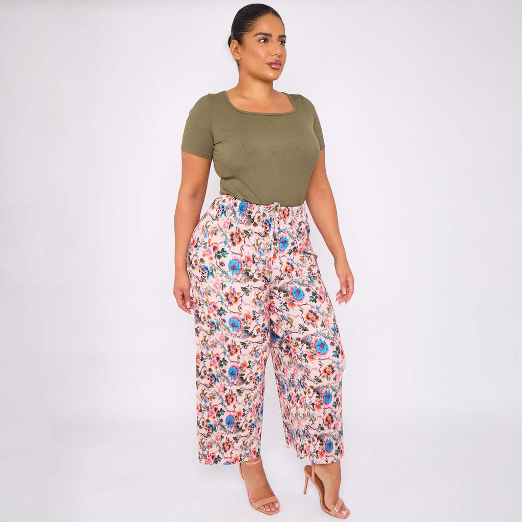 Colorful Florals Abstract Print Wide-Leg Drawstring Palazzo Pleated Pants