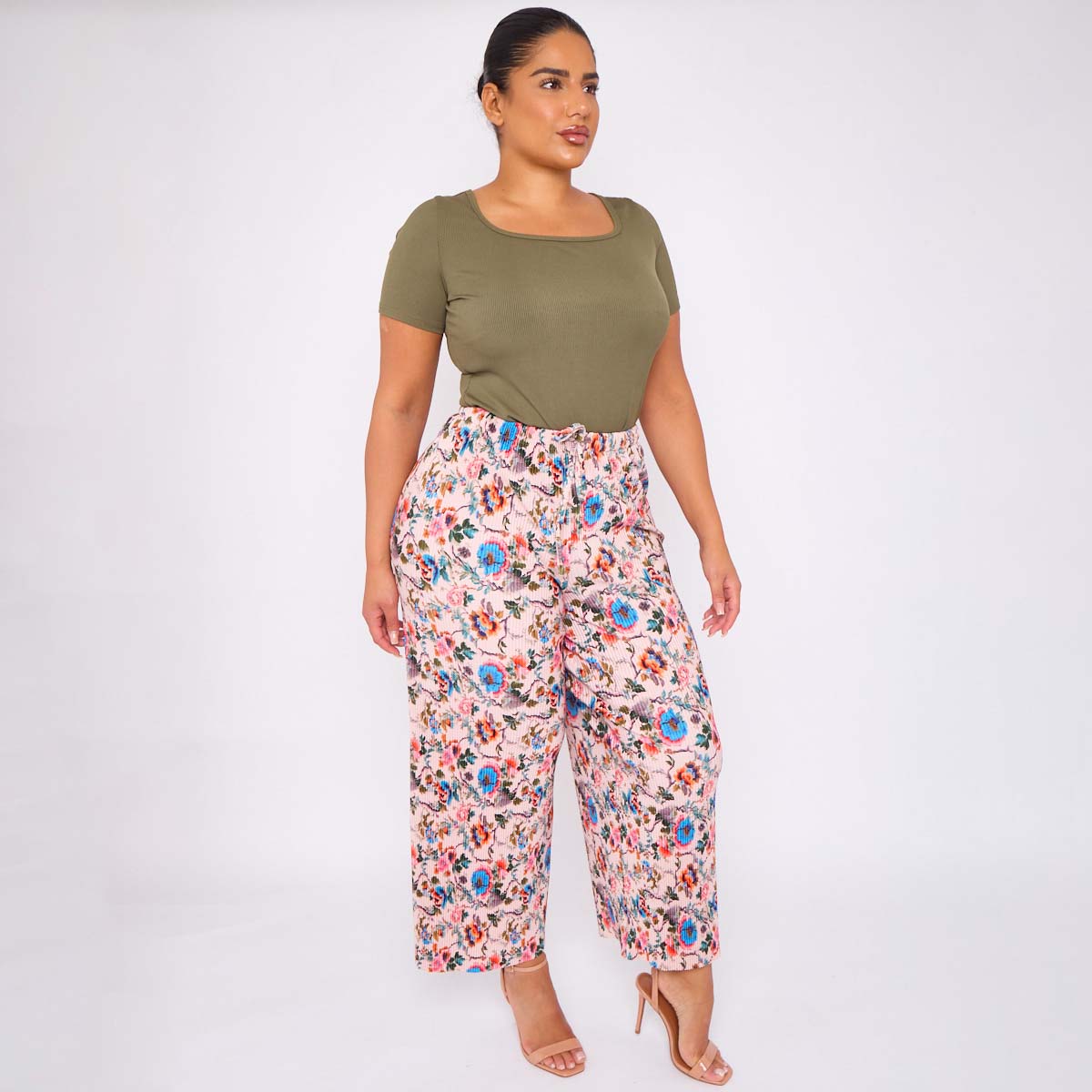 Colorful Florals Abstract Print Wide-Leg Drawstring Palazzo Pleated Pants