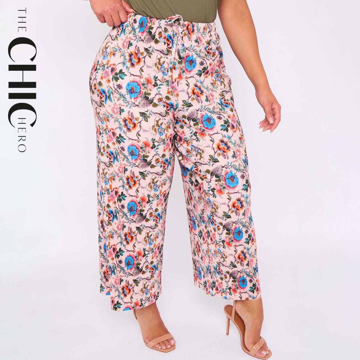 Colorful Florals Abstract Print Wide-Leg Drawstring Palazzo Pleated Pants