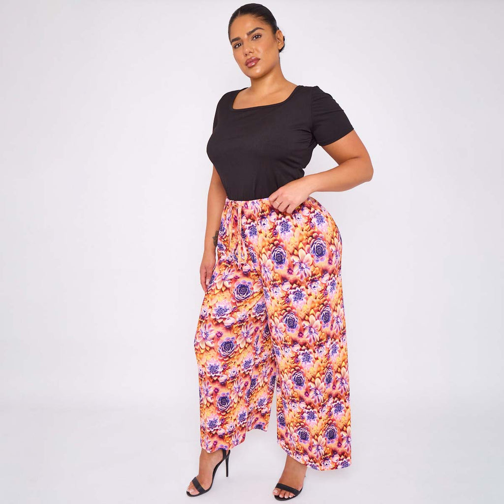 Multicolor Bloom Print Abstract Wide-Leg Drawstring Palazzo Pleated Pants