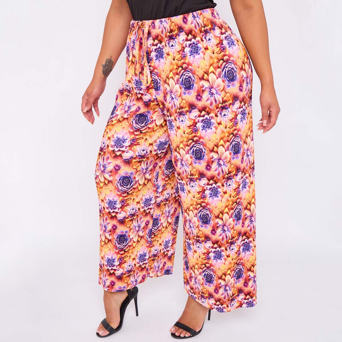 Multicolor Bloom Print Abstract Wide-Leg Drawstring Palazzo Pleated Pants