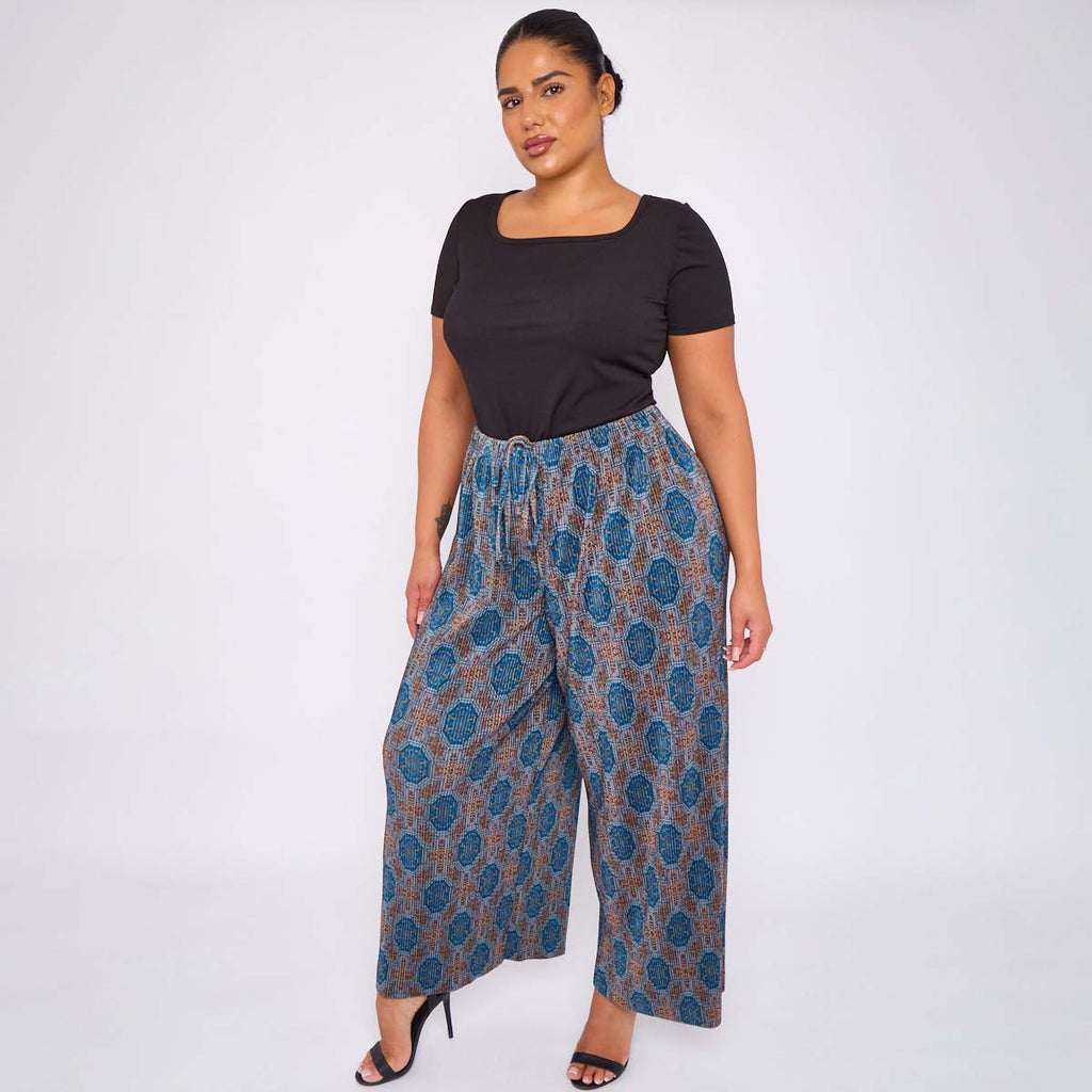 Blue Geometric Patterns Abstract Print Wide-Leg Drawstring Pants Palazzo Pleated Pants
