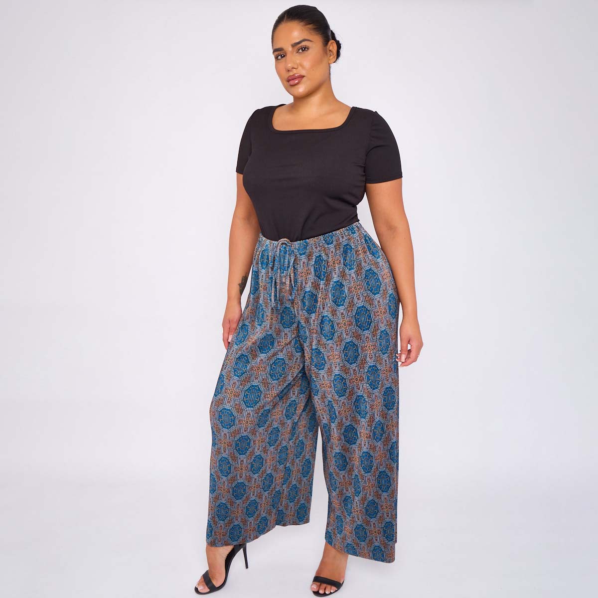 Blue Geometric Patterns Abstract Print Wide-Leg Drawstring Pants Palazzo Pleated Pants