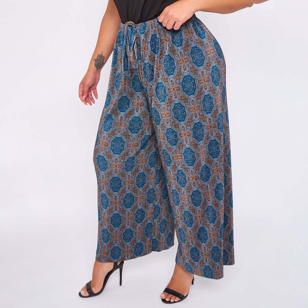 Blue Geometric Patterns Abstract Print Wide-Leg Drawstring Pants Palazzo Pleated Pants