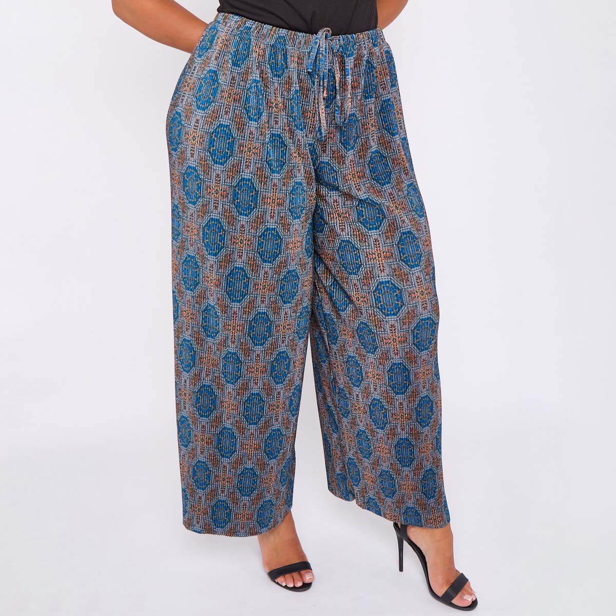Blue Geometric Patterns Abstract Print Wide-Leg Drawstring Pants Palazzo Pleated Pants