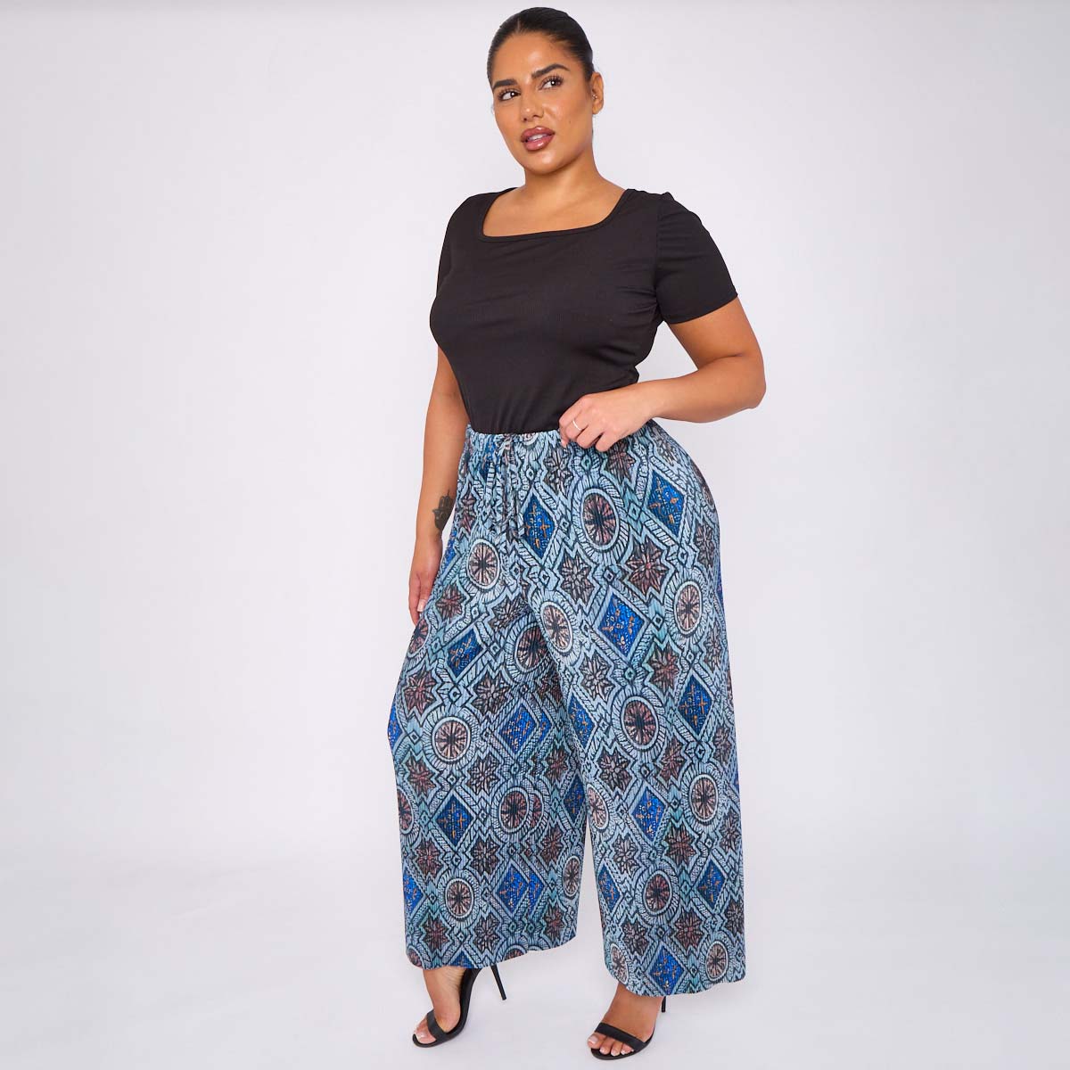 Geometric Patterns Abstract Print Wide-Leg Drawstring Pants Palazzo Pleated Pants