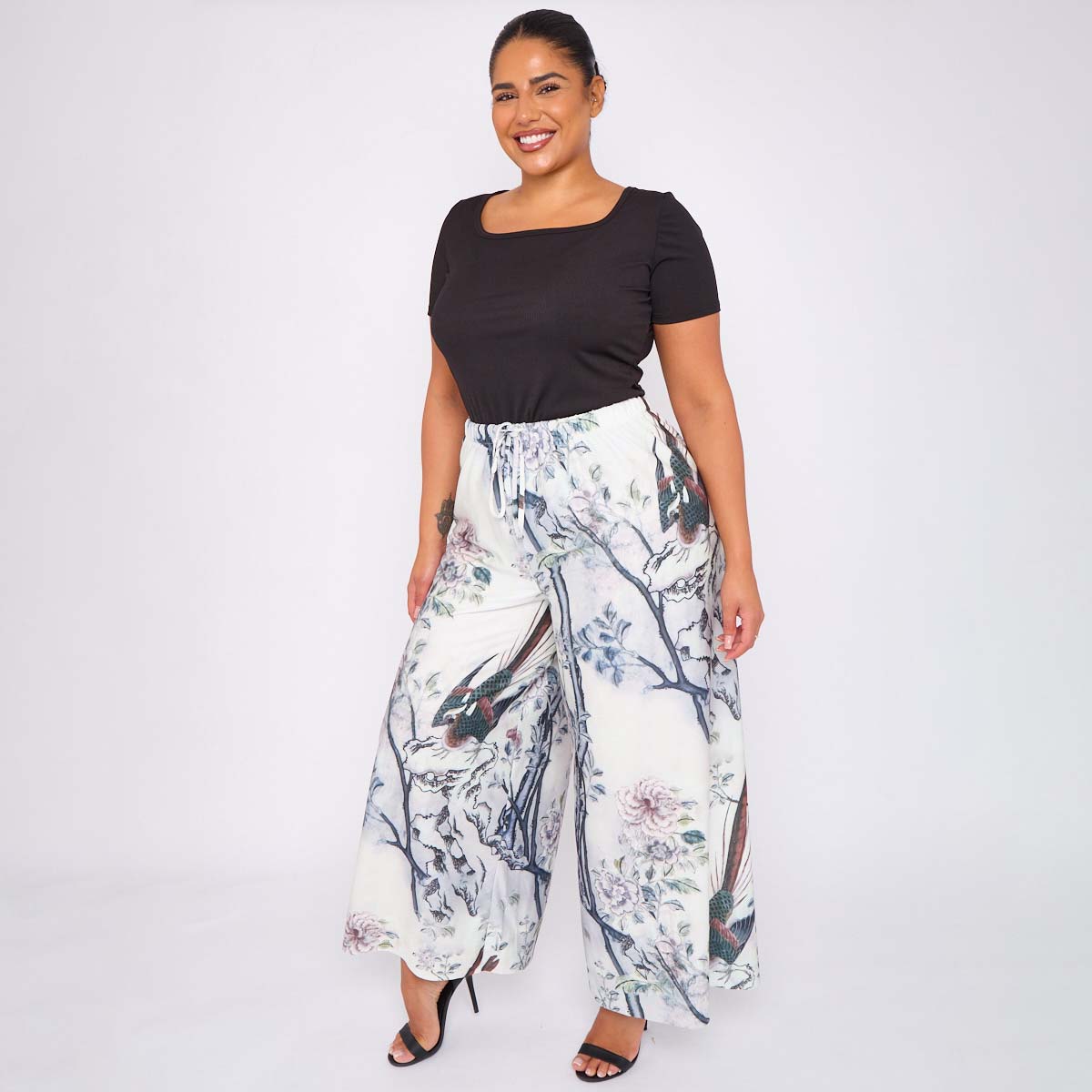 Bird Chinese style Abstract Print Wide-Leg Drawstring Pants Palazzo Pleated Pants
