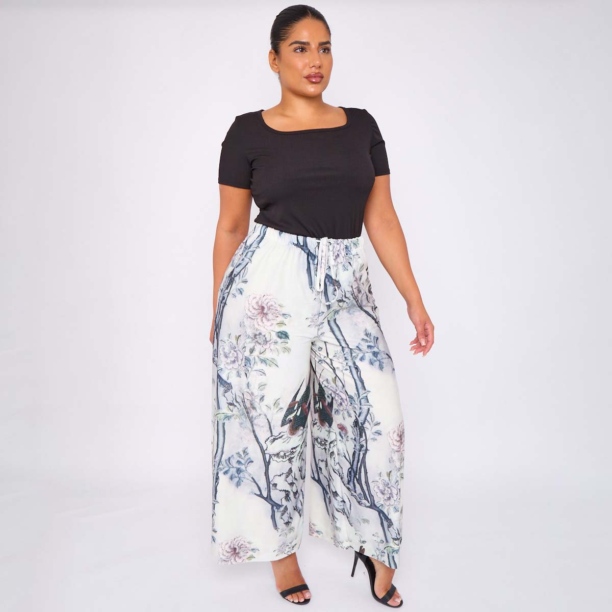 Bird Chinese style Abstract Print Wide-Leg Drawstring Pants Palazzo Pleated Pants