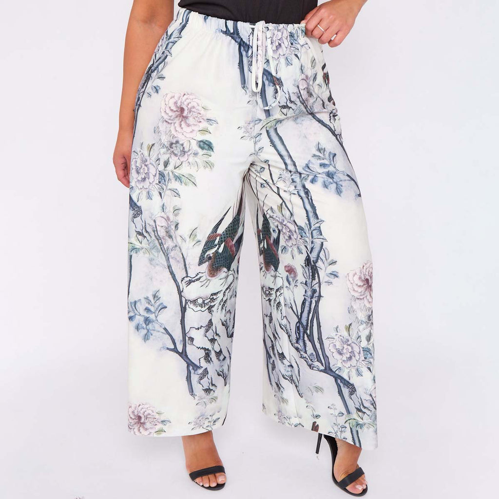 Bird Chinese style Abstract Print Wide-Leg Drawstring Pants Palazzo Pleated Pants