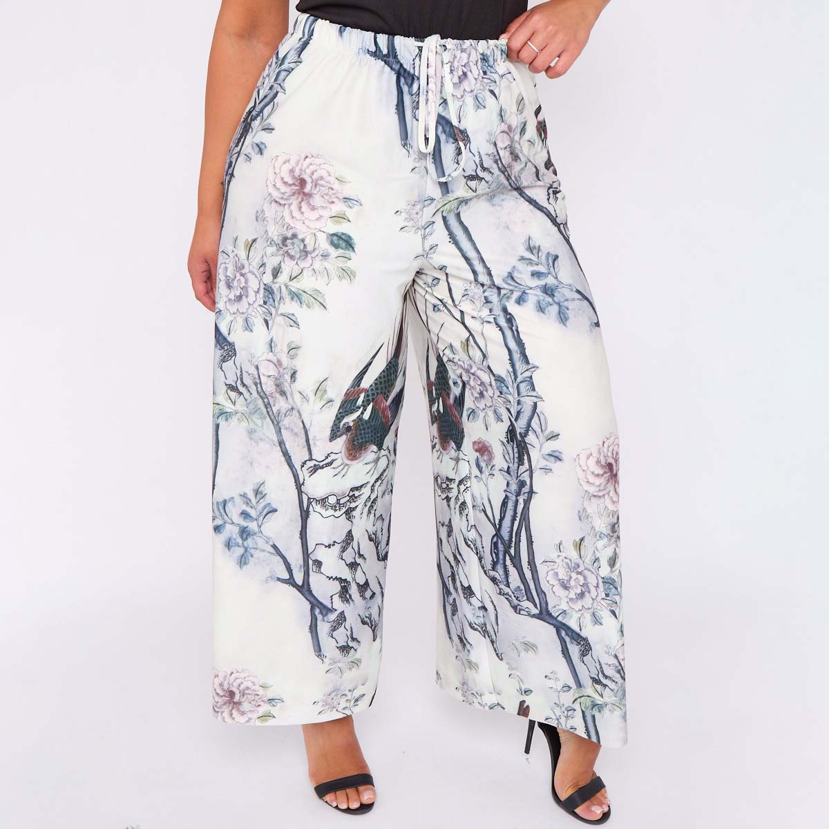 Bird Chinese style Abstract Print Wide-Leg Drawstring Pants Palazzo Pleated Pants