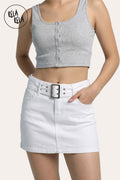 Belted Stretchy Denim Micro Mini Skirt in White