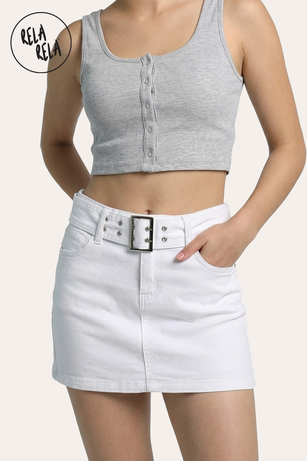 Belted Stretchy Denim Micro Mini Skirt in White