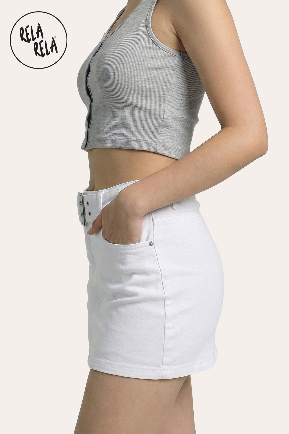 Belted Stretchy Denim Micro Mini Skirt in White