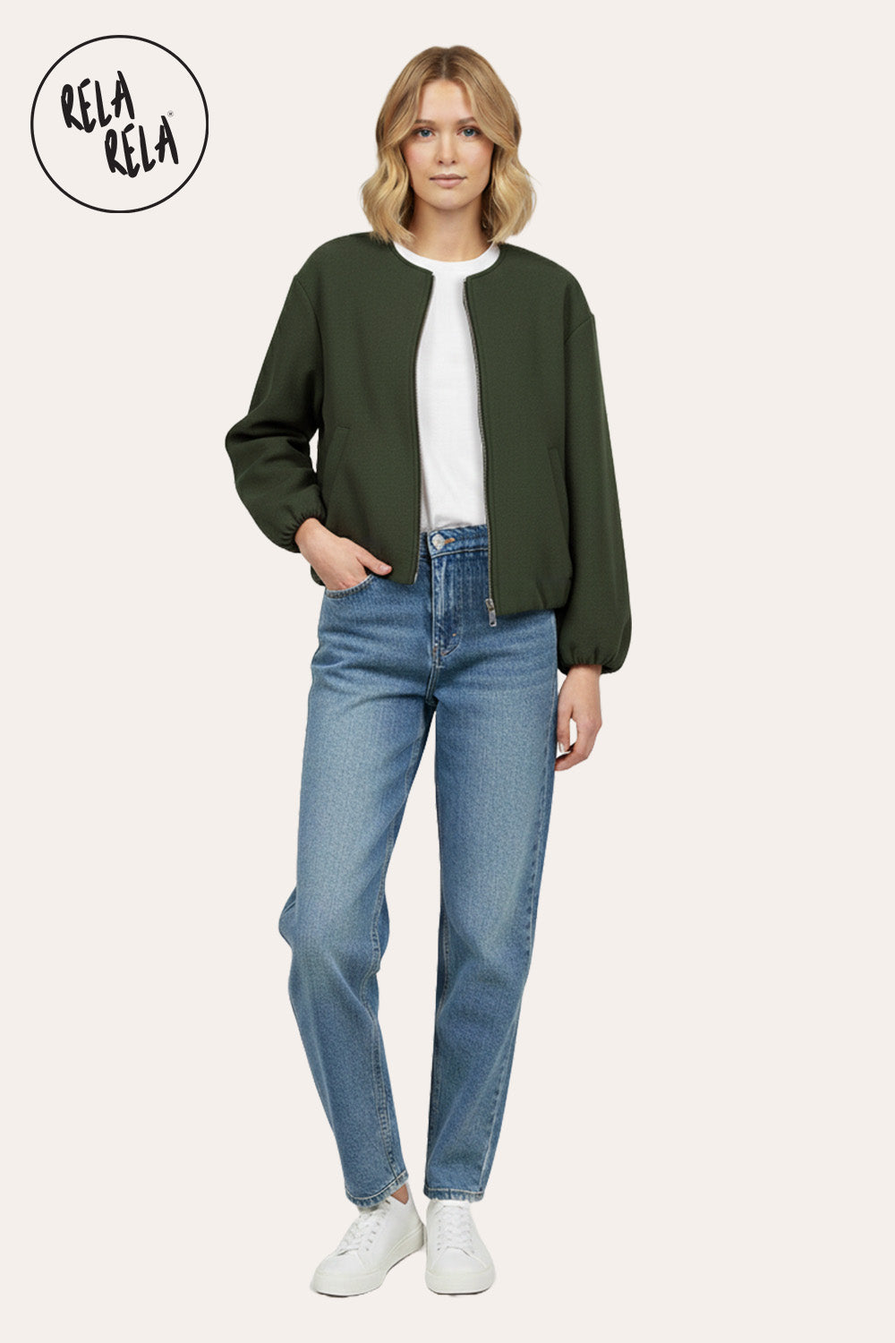 Oversized Zip-Up Casual Bomber Jacket in Khaki