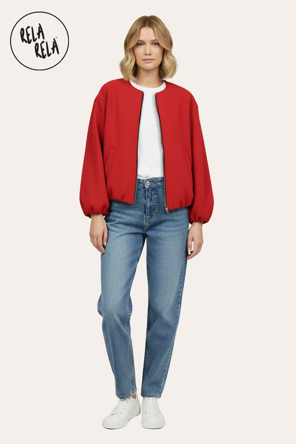 Oversized Zip-Up Casual Bomber Jacket in Red