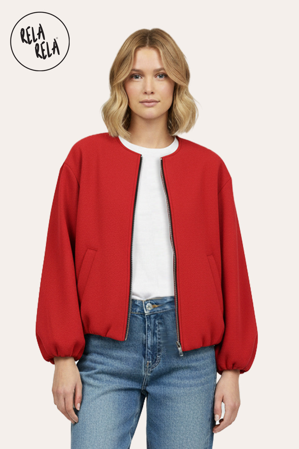Oversized Zip-Up Casual Bomber Jacket in Red