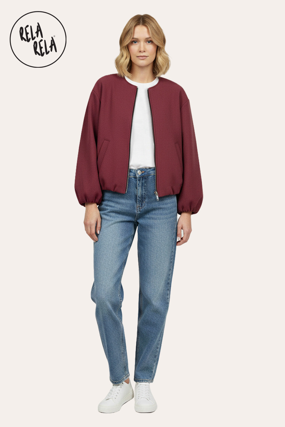 Oversized Zip-Up Casual Bomber Jacket in Burgundy
