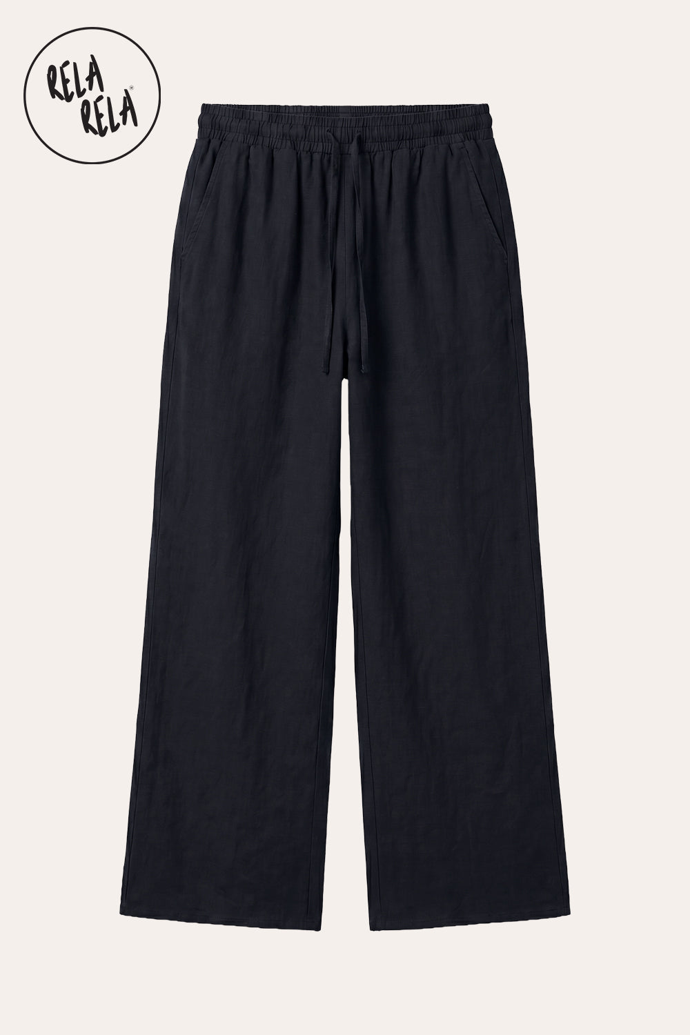 High Waisted Drawstring Wide Leg Linen Trousers in Black