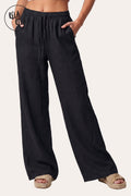 High Waisted Drawstring Wide Leg Linen Trousers in Black