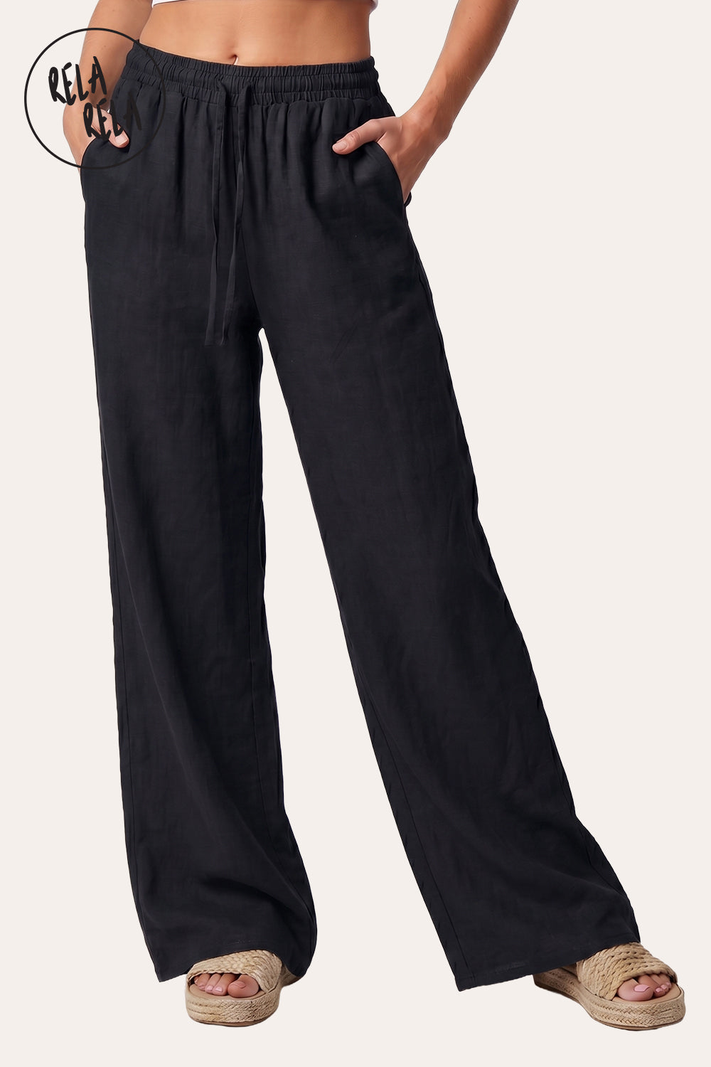 High Waisted Drawstring Wide Leg Linen Trousers in Black