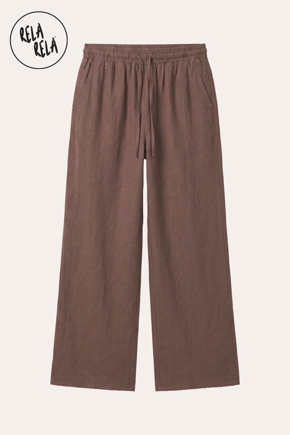 High Waisted Drawstring Wide Leg Linen Trousers in Brown