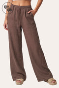 High Waisted Drawstring Wide Leg Linen Trousers in Brown