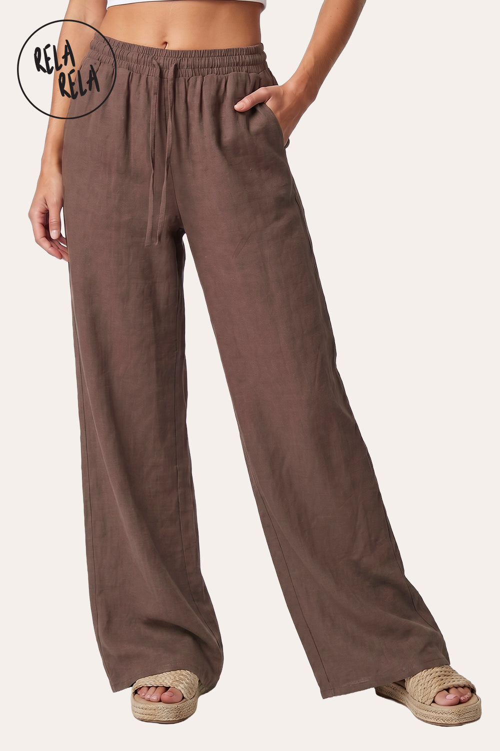 High Waisted Drawstring Wide Leg Linen Trousers in Brown