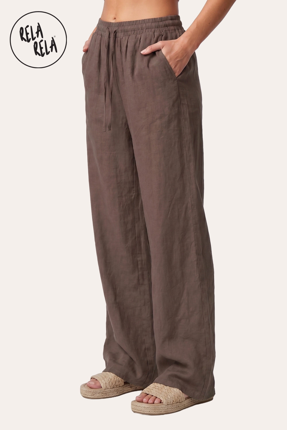 High Waisted Drawstring Wide Leg Linen Trousers in Brown