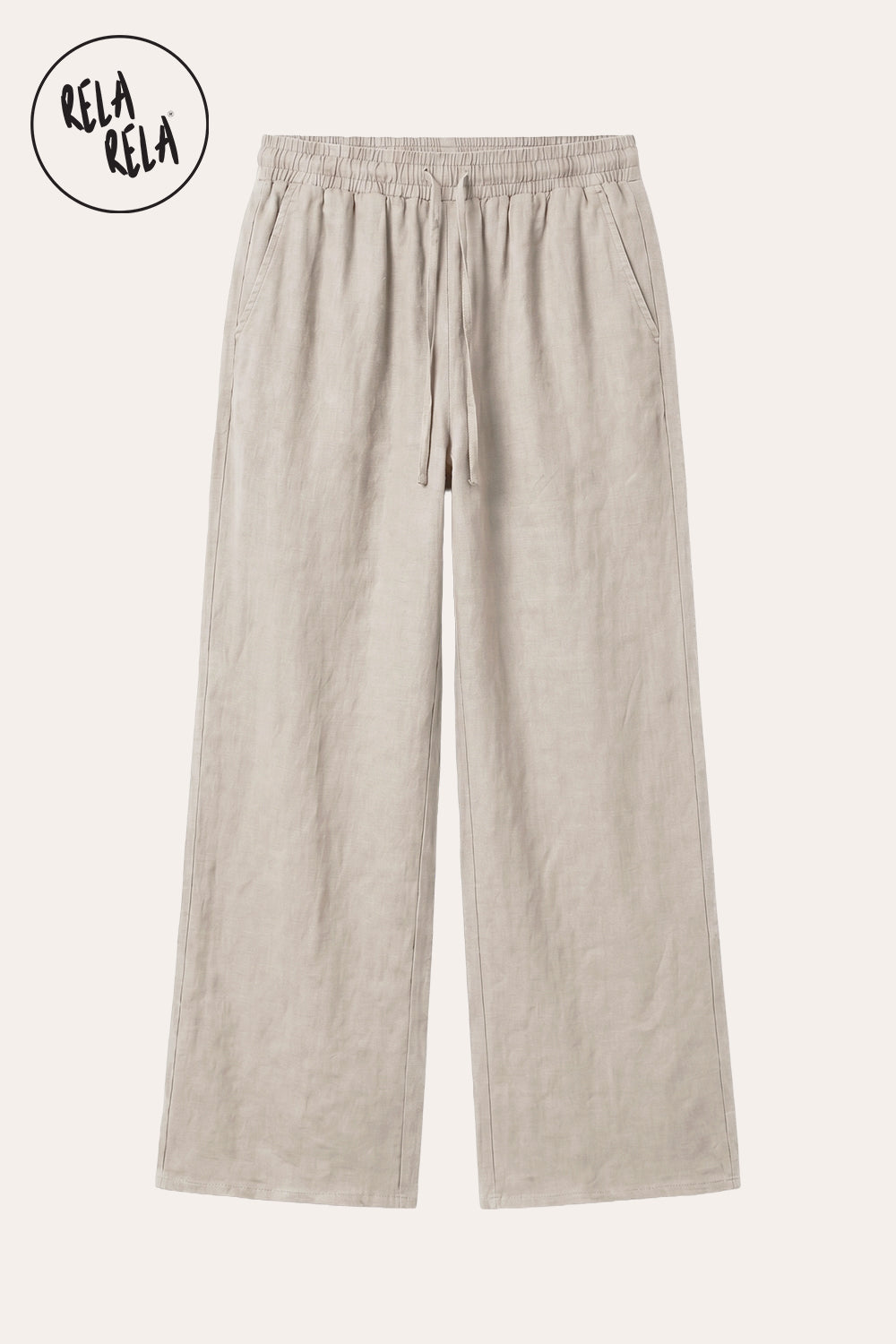 High Waisted Drawstring Wide Leg Linen Trousers in Cream