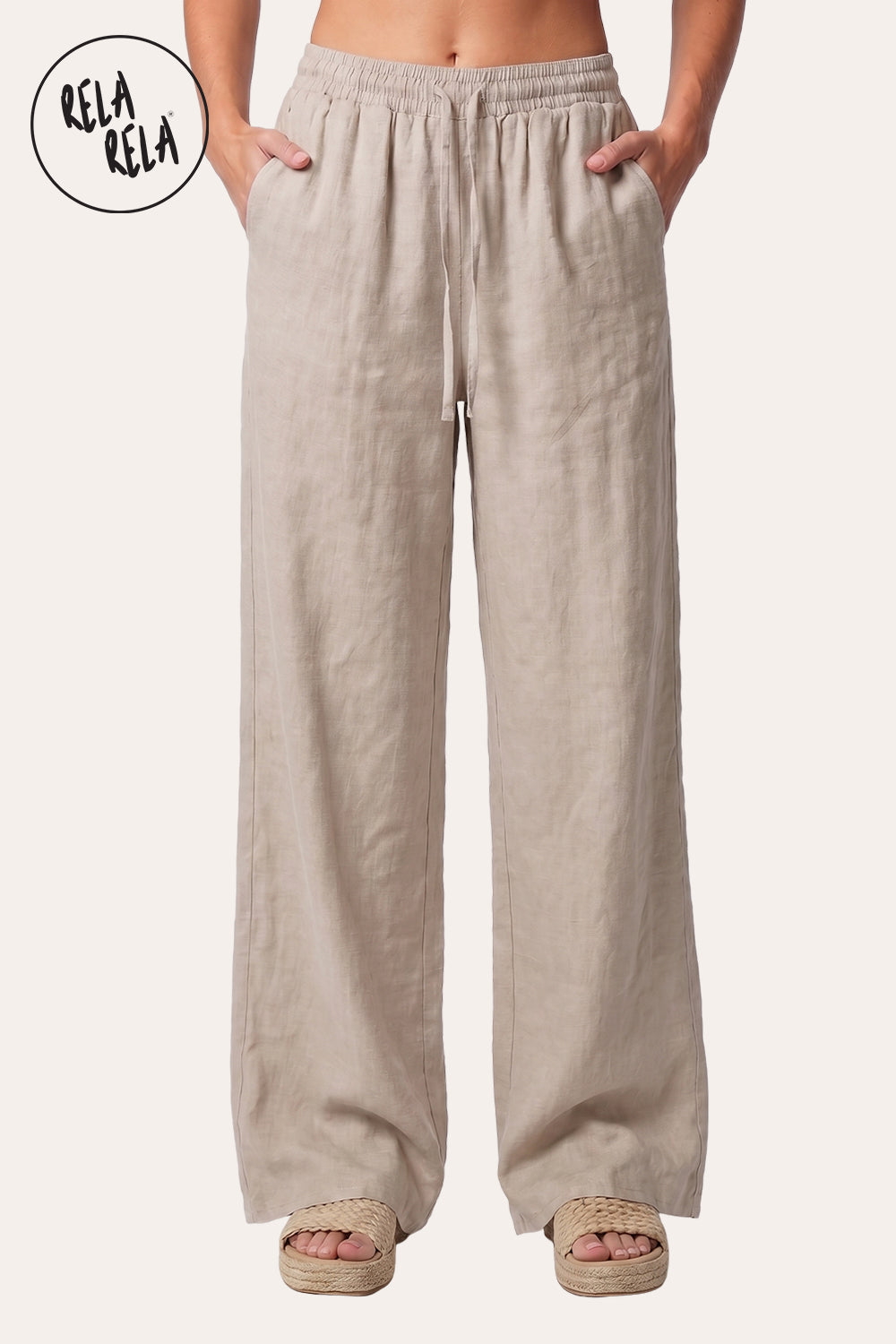 High Waisted Drawstring Wide Leg Linen Trousers in Cream