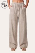 High Waisted Drawstring Wide Leg Linen Trousers in Cream