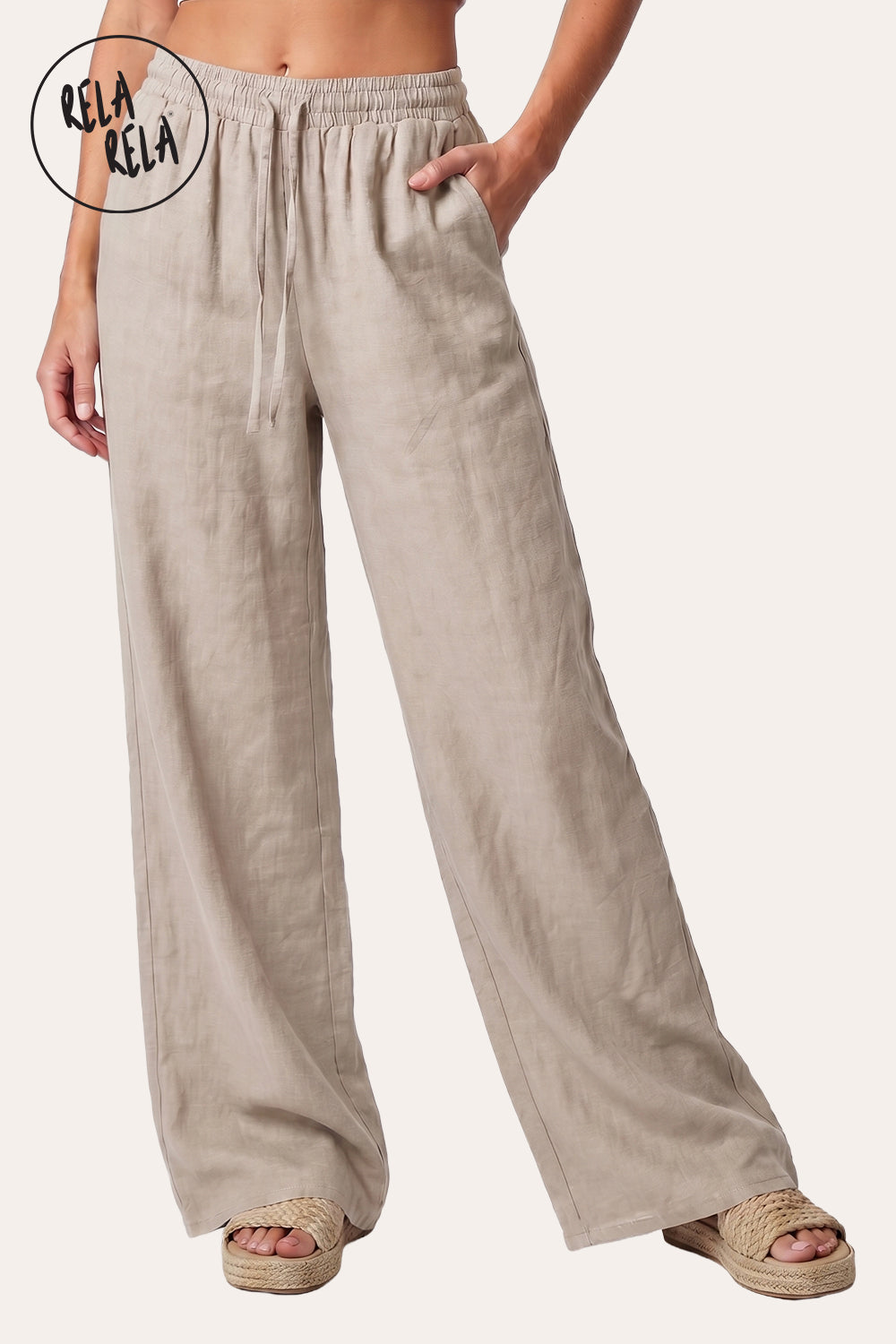High Waisted Drawstring Wide Leg Linen Trousers in Cream