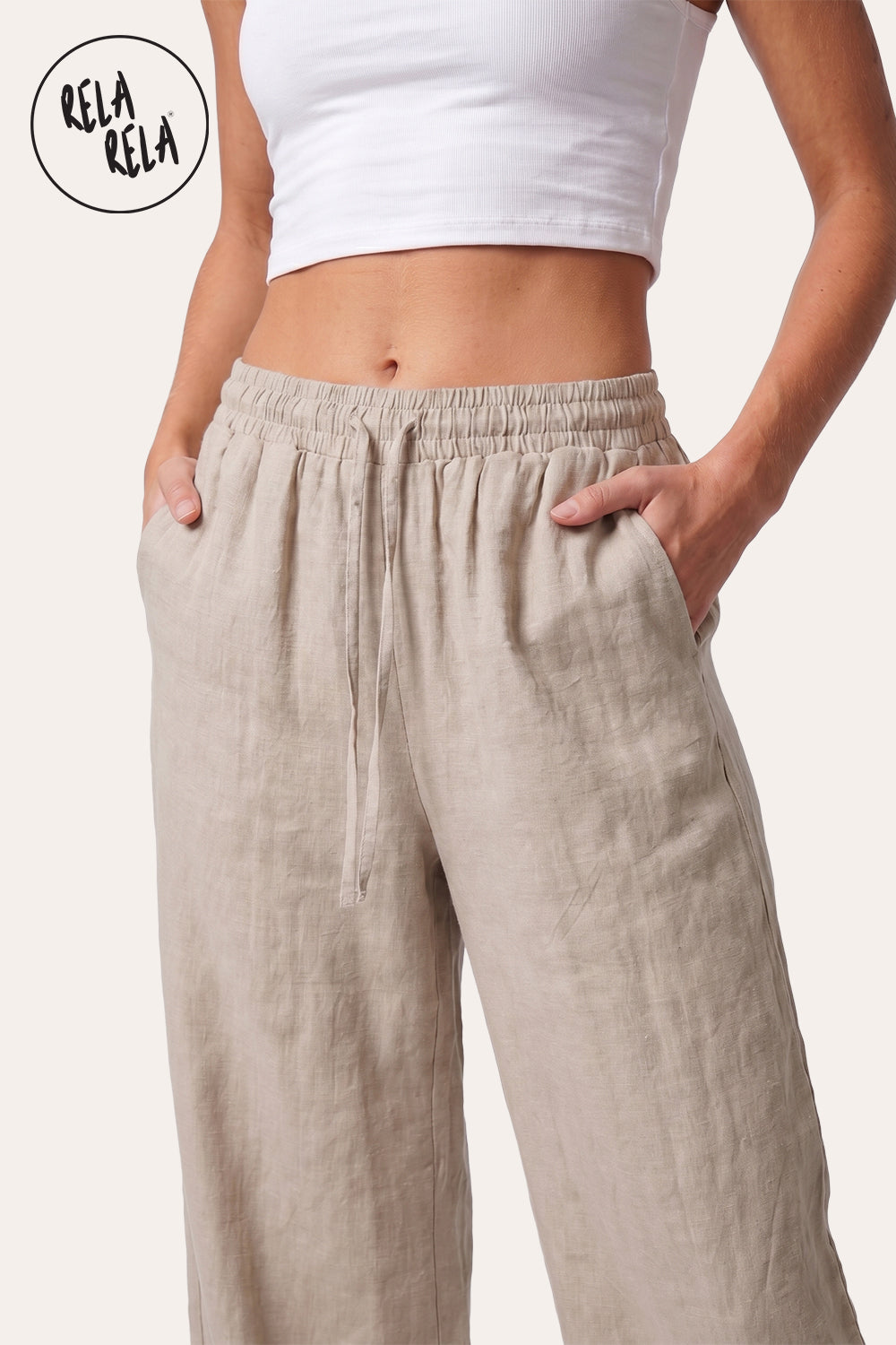 High Waisted Drawstring Wide Leg Linen Trousers in Cream