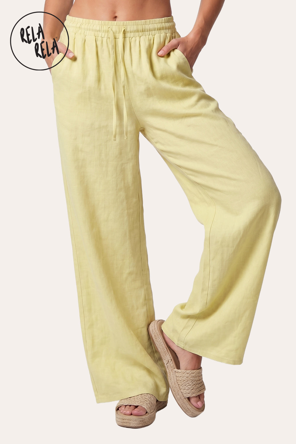High Waisted Drawstring Wide Leg Linen Trousers in Yellow