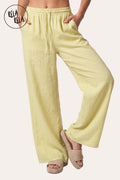 High Waisted Drawstring Wide Leg Linen Trousers in Yellow