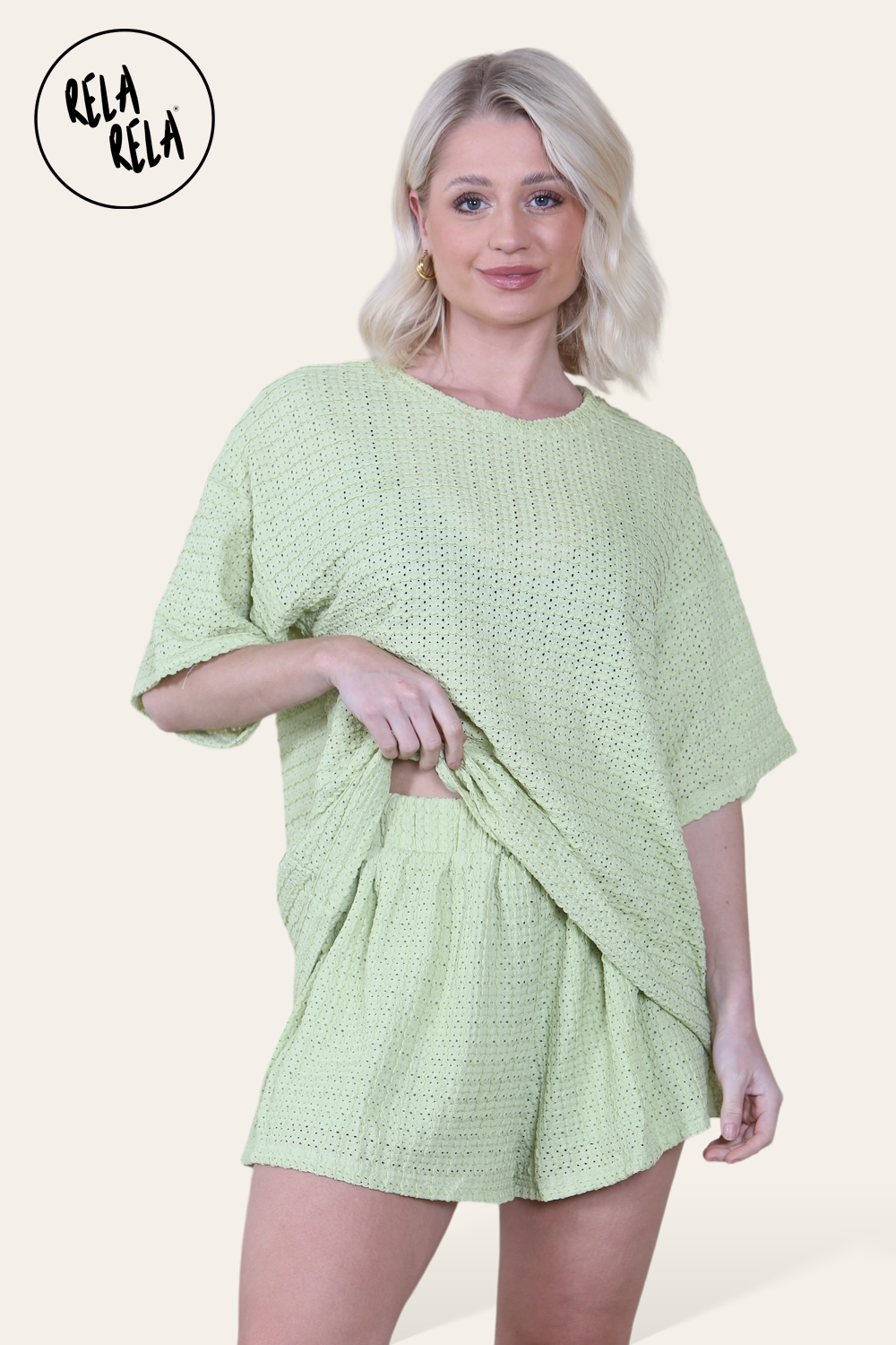Oversized Crochet T-Shirt & Shorts Co-Ord Set in Green