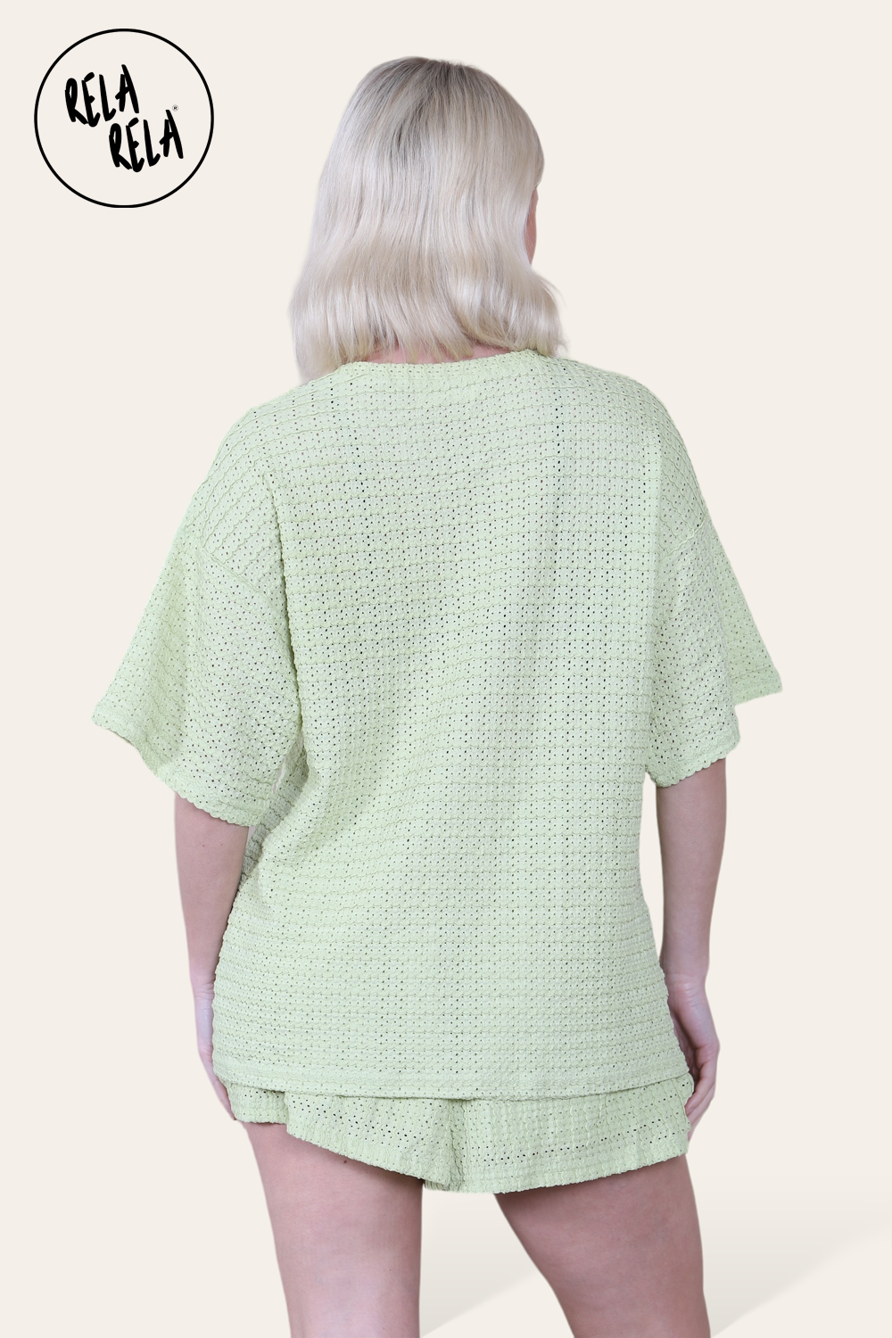 Oversized Crochet T-Shirt & Shorts Co-Ord Set in Green